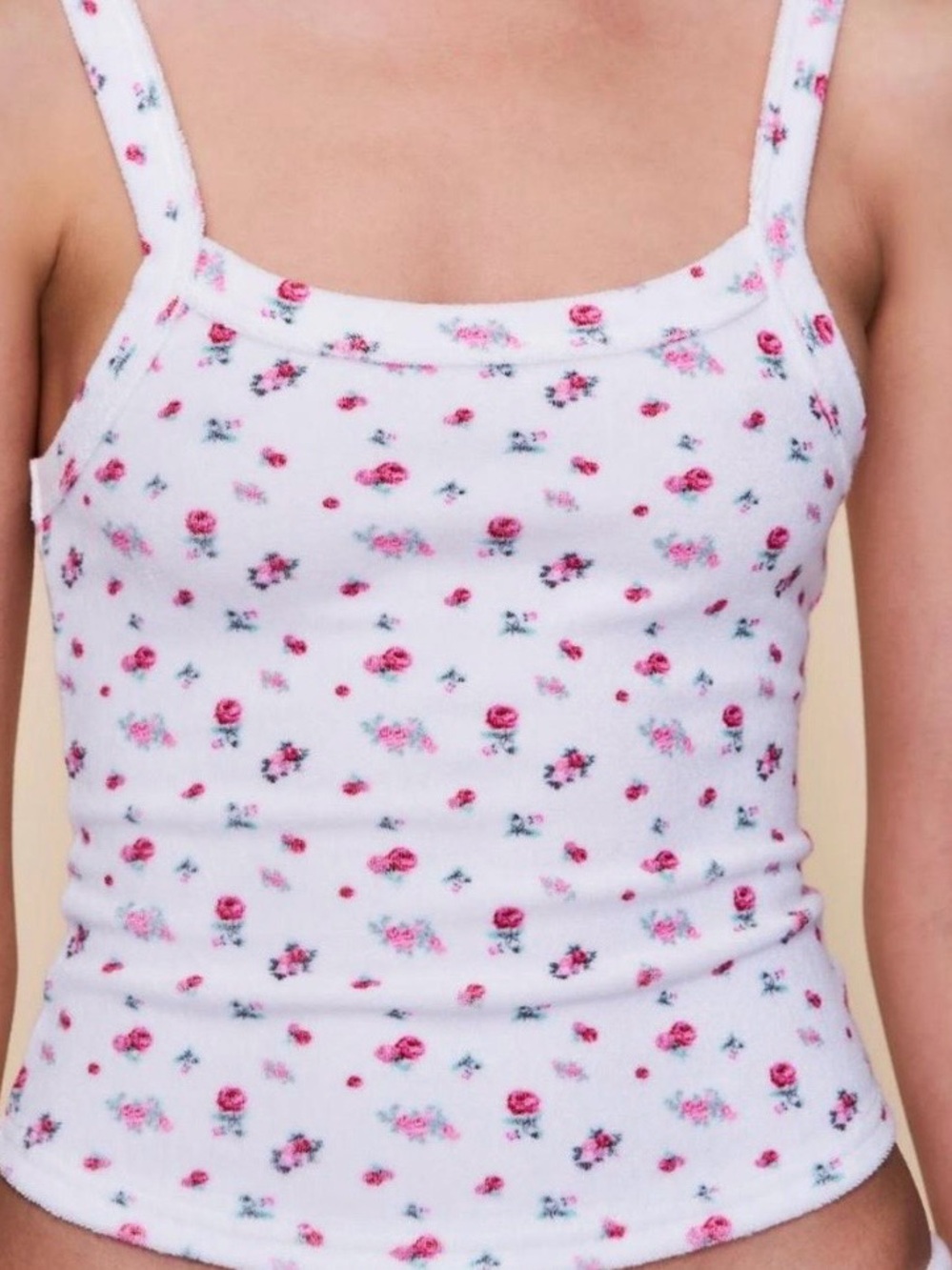 Danielle Guizio White Tank Top with Pink Rose Print